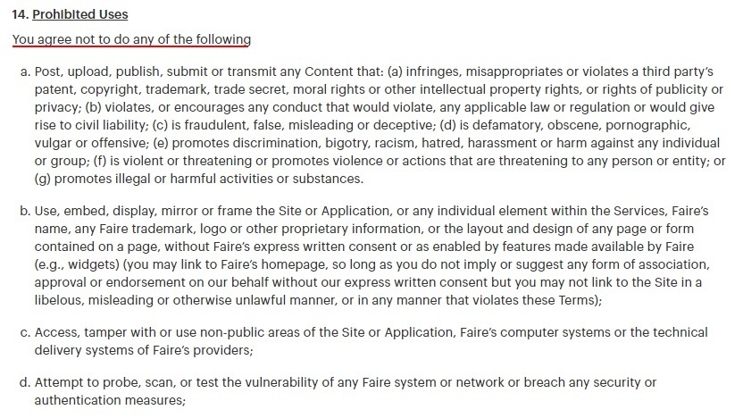 Faire Terms of Service: Prohibited Uses clause excerpt