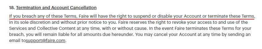 Faire Terms of Service: Termination and Account Cancellation clause