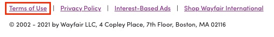 Wayfair website footer with Terms of Use link highlighted