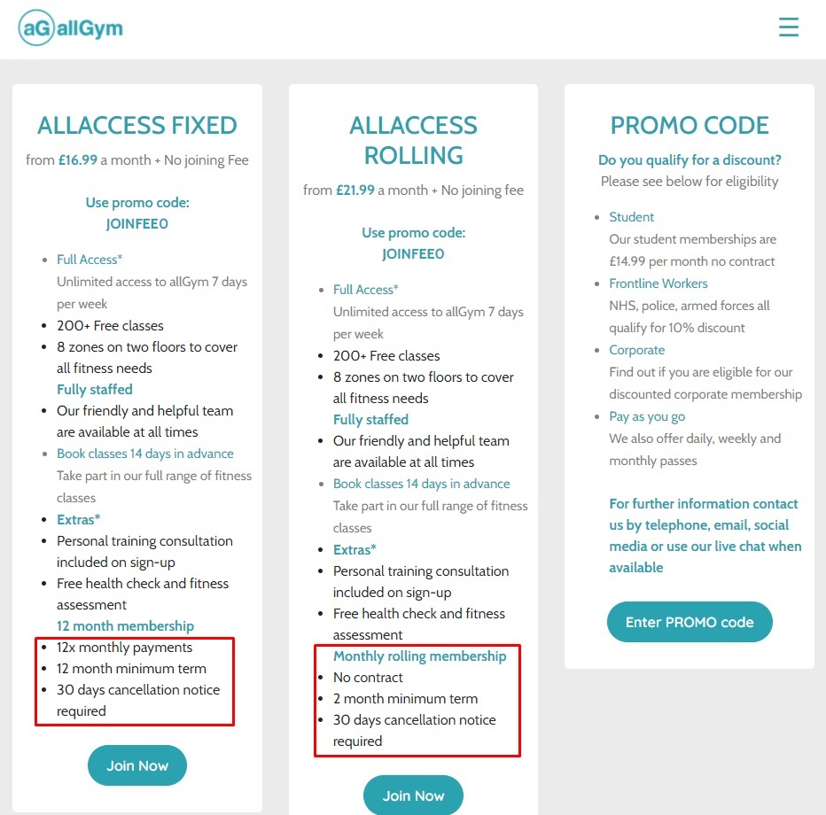AllGym Monthly Memberships page