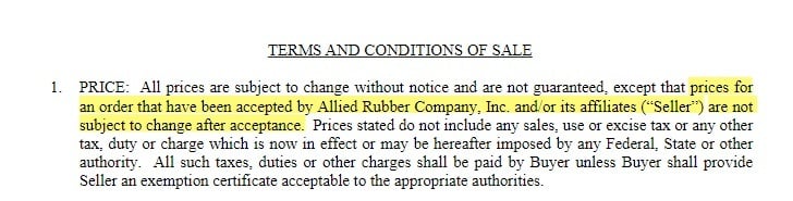Allied Rubber Terms and Conditions of Sale: Price clause