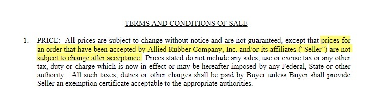 Allied Rubber Terms and Conditions of Sale: Price clause