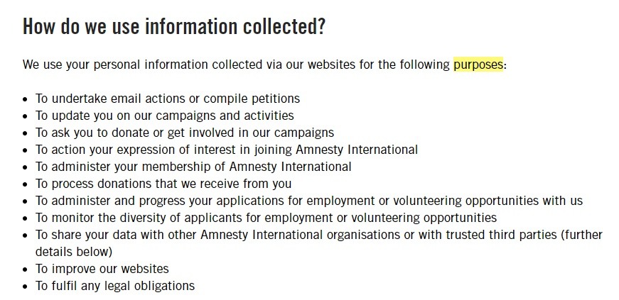 Amnesty International Privacy Policy: How do we use information collected clause