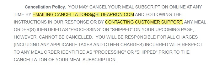 Blue Apron Terms of Use: Cancellation Policy clause