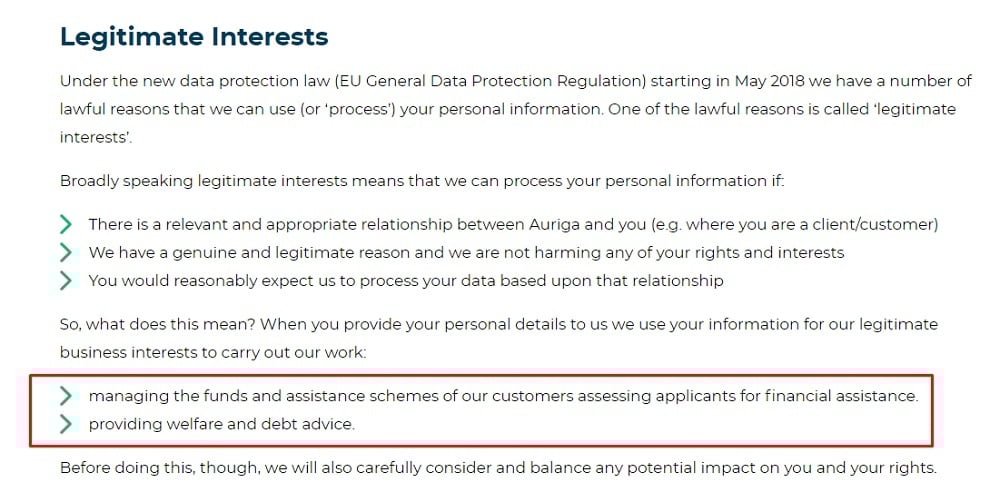 British Gas Energy Trust: Legitimate Interests page excerpt