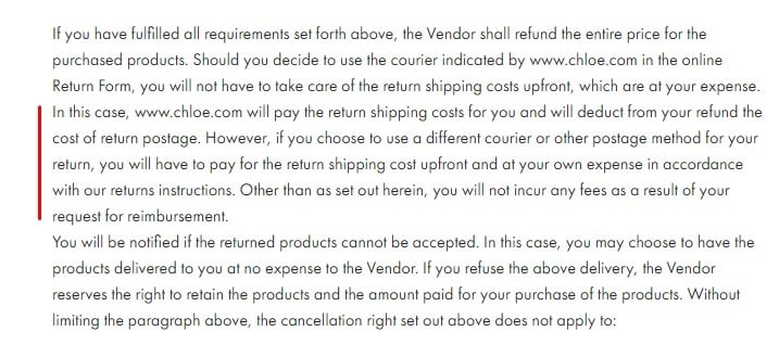 Chloe Return Policy: Return Shipping excerpt