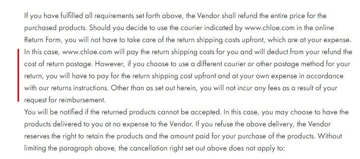 Chloe Return Policy: Return Shipping excerpt