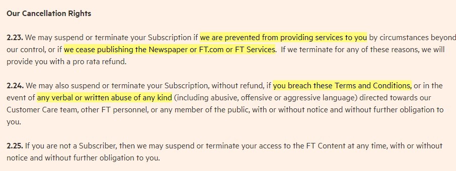 Financial Times Terms and Conditions: Our Cancellation Rights clause