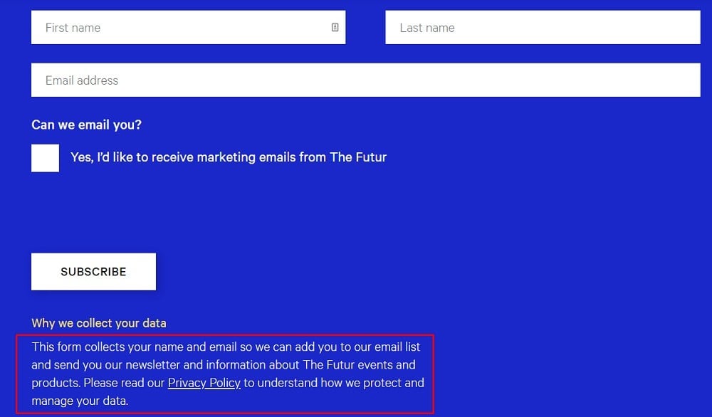 Futur email newsletter subscribe form with Privacy Notice section highlighted