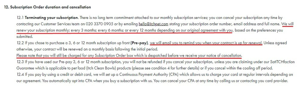 Itch Terms and Conditions: Subscription Order duration and cancellation clause