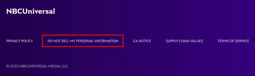 NBC Universal website footer with Do Not Sell My Personal Information link highlighted