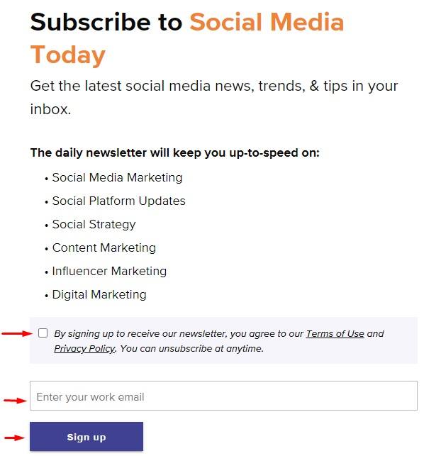 Social Media Today email sign-up form with consent checkbox highlighted