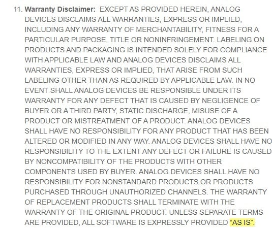 Analog Devices Terms and Conditions: Warranty Disclaimer clause