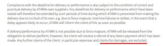 ATARA Design Terms and Conditions: Deadlines for Delivery and Performance - Damages claims section highlighted