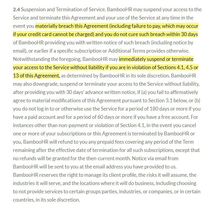 BambooHR Terms of Service: Term and Termination clause - Suspension and Termination of Service section