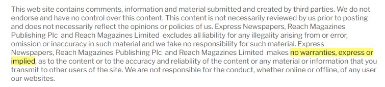 Express Newspapers Terms and Conditions: Governing Law clause - Warranties section highlighted