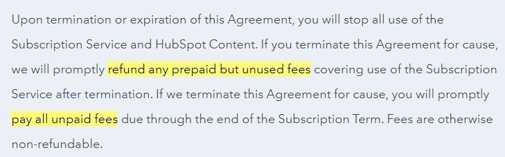 HubSpot Terms of Service: Termination clause excerpt - Refund for prepaid fees and unpaid fees section highlighted