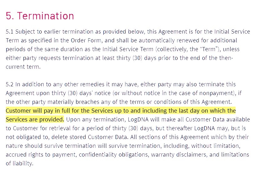 LogDNA Terms of Service: Termination clause