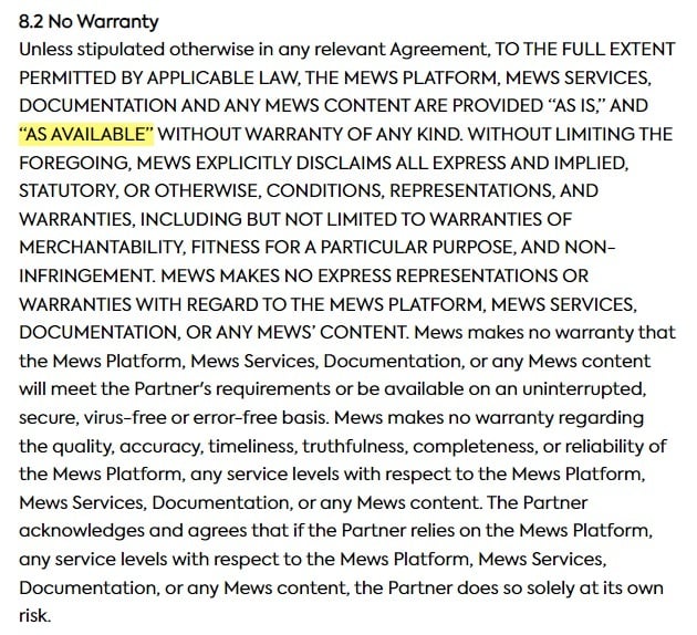 Mews Terms and Conditions: Warranty clause