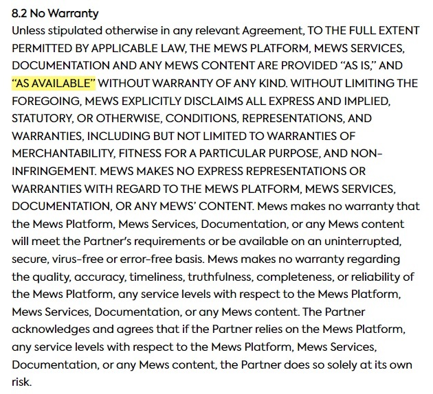 Mews Terms and Conditions: Warranty clause