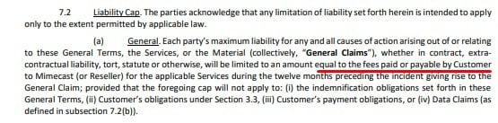 Mimecast Terms and Conditions: Liability Cap clause excerpt