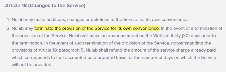 Nulab Terms of Service: Article 18 - Changes to the Service