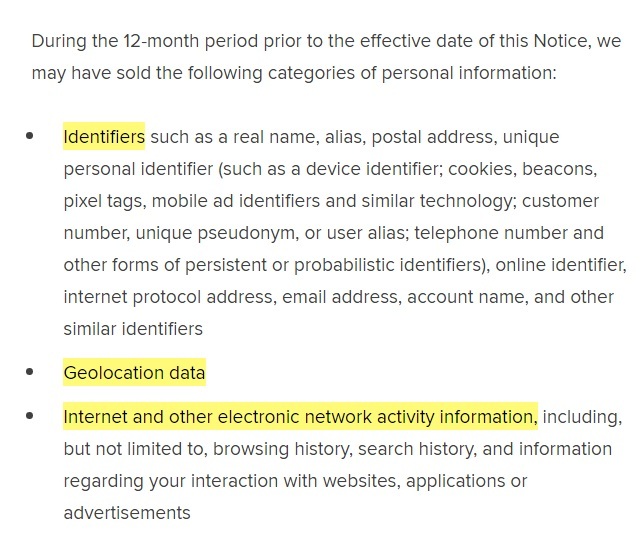 Refinitiv CCPA Privacy Notice: Sale of Personal Information clause excerpt