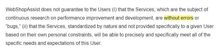 WebShopAssist Terms of Use: Responsibility and Guarantee clause - Without errors section highlighted