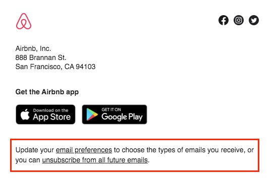 Airbnb email footer with email preferences and unsubscribe links highlighted