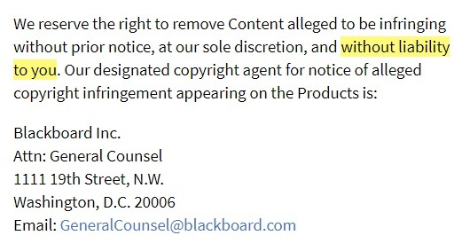 Blackboard Terms of Use: Reserve the right to remove content section