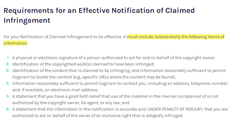 Cognism Reporting Copyright Infringement page: Requirements for an Effective Notification of Claimed Infringement