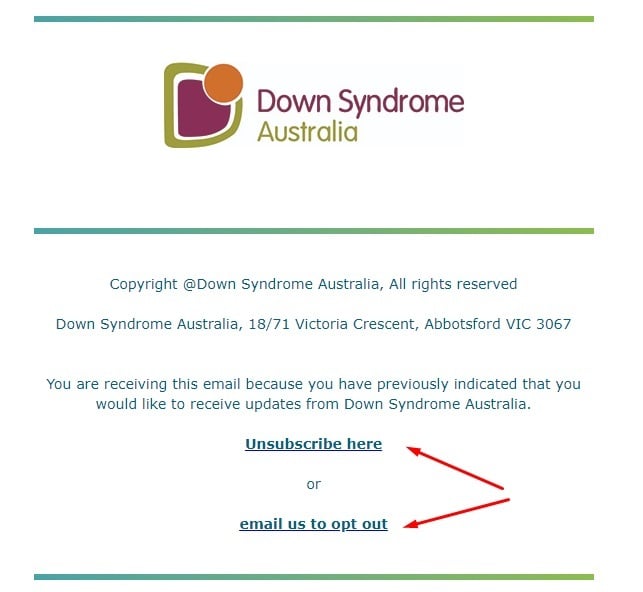 Down Syndrome Australia email newsletter footer with Unsubscribe and opt out links highlighted