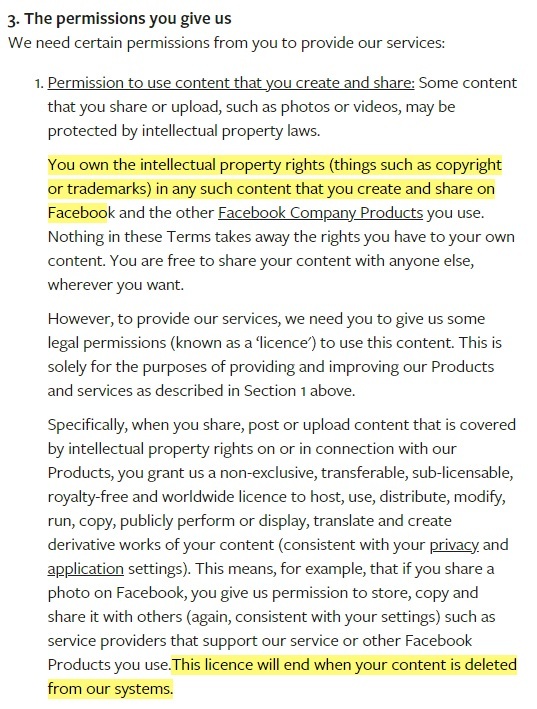 Facebook Terms of Service: Permissions you give us clause