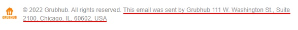 Grubhub email footer with physical address highlighted