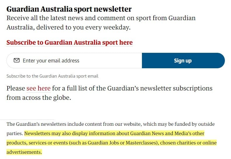 Guardian Australia Sport Newsletter sign-up form screenshot