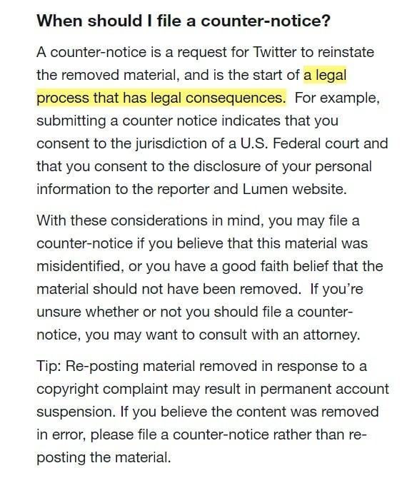 Twitter Help Center: Copyright Policy - When Should I File a Counter Notice