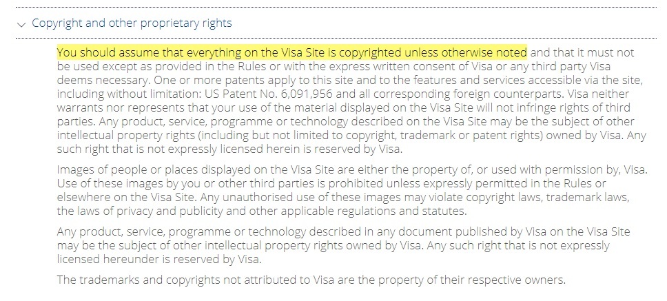 Visa UK Terms: Copyright and other proprietary rights clause