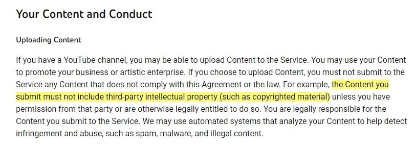YouTube Terms of Service: Your Content and Conduct - Uploading Content clause