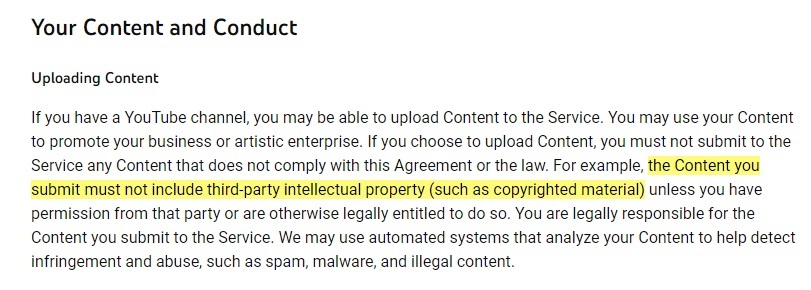 YouTube Terms of Service: Your Content and Conduct - Uploading Content clause