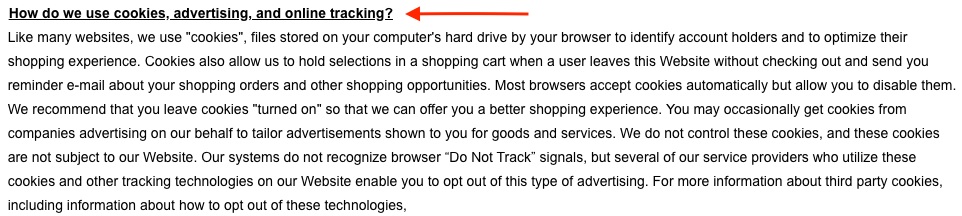 Adidas Privacy Policy: How do we use cookies, advertising and online tracking clause excerpt