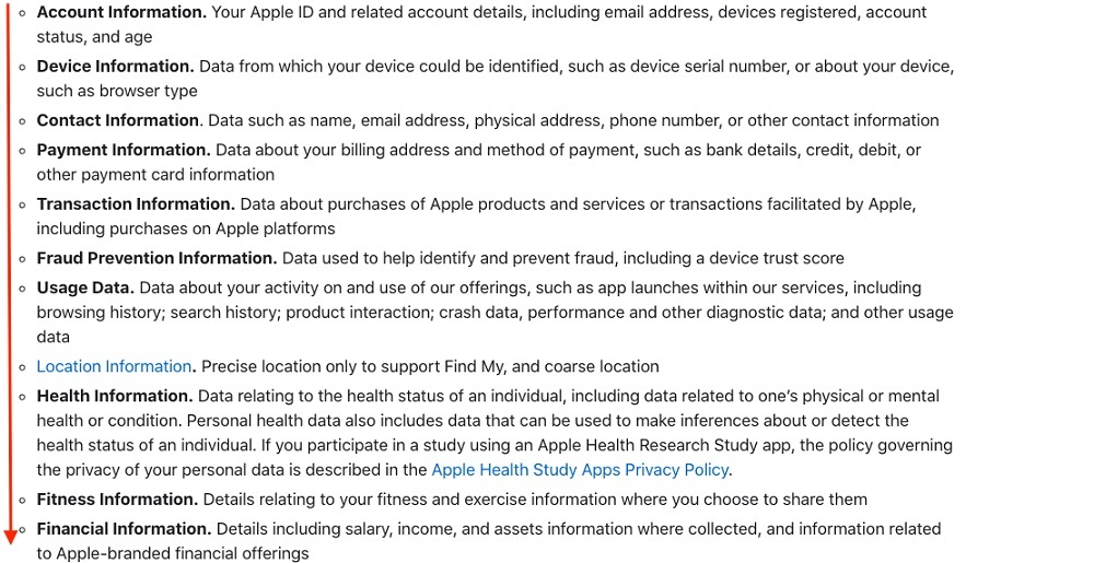 Apple Privacy Policy: Personal Data Apple Collects clause excerpt