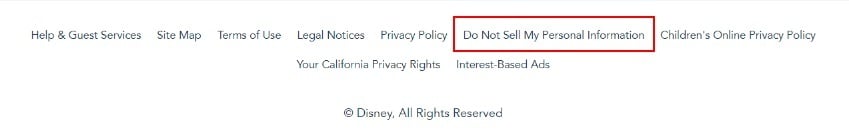 Disney website footer with Do Not Sell My Personal Information link highlighted