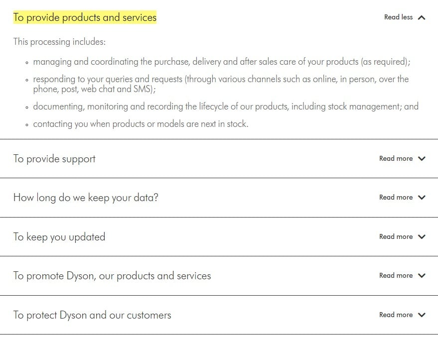 Dyson How and Why we Use Your Personal Data page - To Provide Products and Services section highlighted