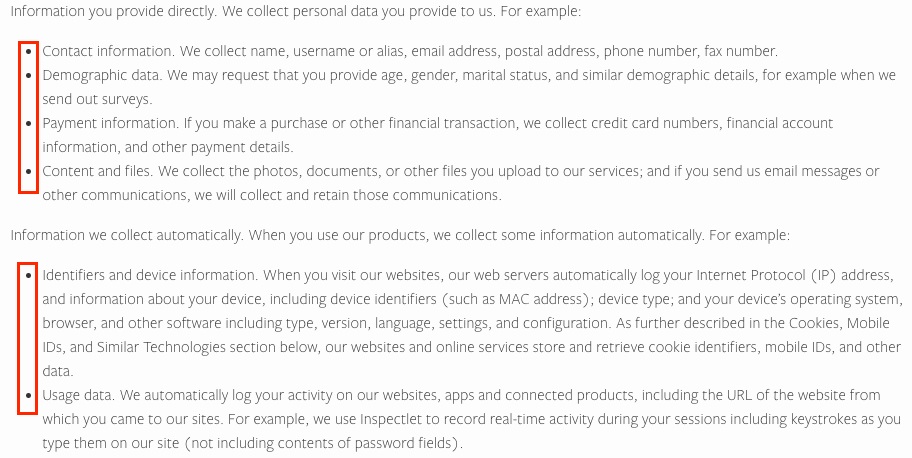GLDN Privacy Policy: Personal Data We Collect clause excerpt with bullet list highlighted