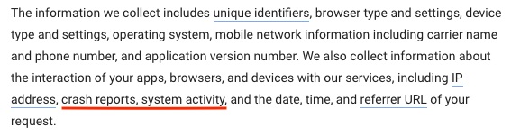 Google Privacy Policy: Information we collect clause - Crash reports and system activity section highlighted