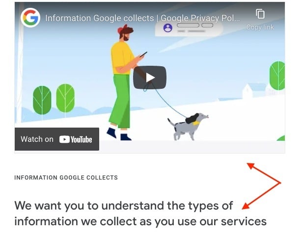 Google Privacy Policy: Types of information we collect clause intro with video