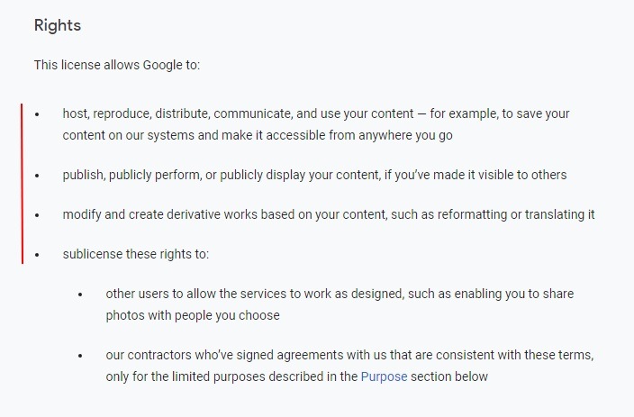 Google Terms of Service: License Rights clause