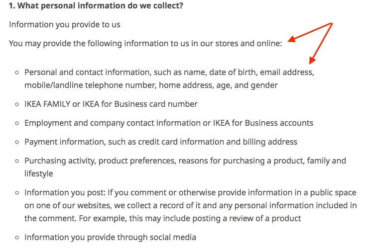 IKEA Privacy Policy: What personal information do we collect clause