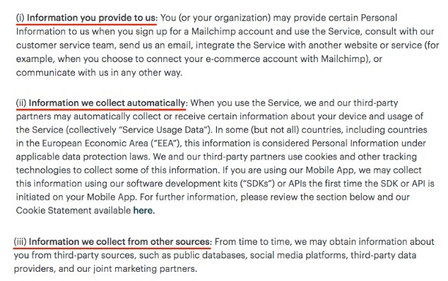 Mailchimp Privacy Policy: Old Version - Information collected categories clause excerpt