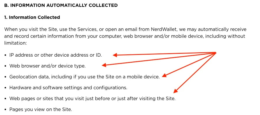 NerdWallet Privacy Policy: Information Automatically Collected clause excerpt